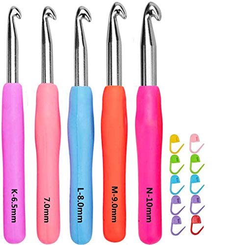 Riveda Crochet Hook Set 5PCS Size K/6.5mm 7.0mm L/8.0mm M/N/9.0mm N/P/10.0mm Ergonomic Soft Grip Handles Aluminum Multicolor Perfect for Bulky Yarns