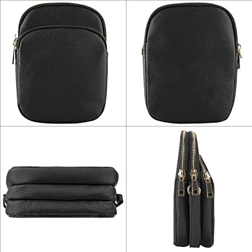 Linkidea Women Triple Zip Crossbody Bag, Small Cell Phone Purse for Ladies Teen Girls, Soft Vegan Leather Wallet Shoulder Handbag with Adjustable Strap, Black4