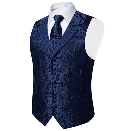 DiBanGu Mens Paisley Vest and Tie Set Silk Formal Suit Waistcoat and Bowtie Hankerchief Lapel Pin Set 8PCS for Wedding Party3