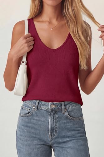 PRETTYGARDEN Women Summer Tank Tops 2026 Basic Sleeveless V Neck Lightweight Knit Beach Vacation Clothes Going Out Top(Burgundy,XX-Large) — view 4