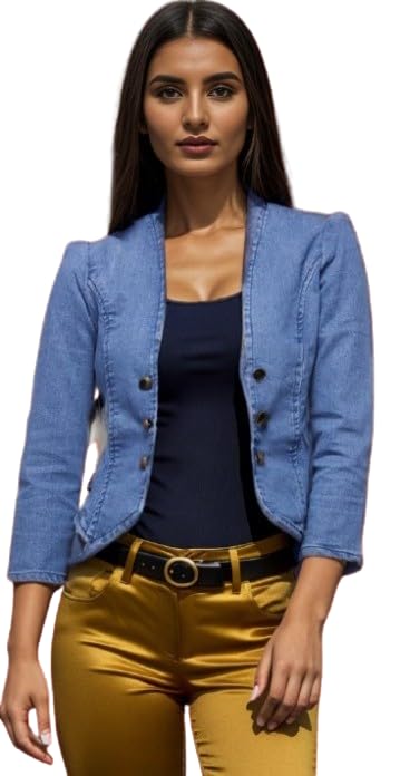 ootptaang Ootpatang Women's Denim Jacket, Light Blue, Button Front, 3/4 Sleeves, Cropped Fit-picture-37