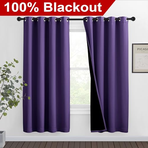 Image of NICETOWN Lilac Purple Full Shade Curtain Panels, Pair of Thermal Insulated & Energy Efficiency Blackout Curtains for Living Room Windows, Lined Silky Performance Window Dressing (46 inch Wide x 72 inch Long)