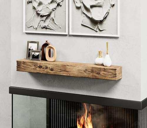 URBANDI Fireplace Mantel, Distressed, Rustic, Floating Shelf, Modern, Real Wood. (60Lx6Hx8D, Brown)
