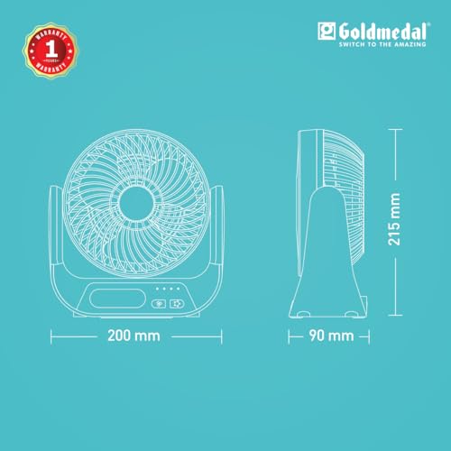Image of Goldmedal Briza 150 mm Mini Portable Fan| Desk Mounted| Type-C USB-Powered Rechargeable Battery with 8-9 Hours Backup| 2-Light Brightness Dimming| Personal Fan for Home & Office (White-Blue)