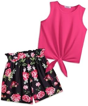 Arshiner Girl's 2 Piece Outfits Tie Knot Tank Top and Paperbag Waist Summer Short Sets With Pocketed, 8-9 Years