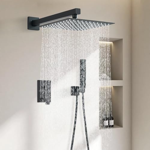 TVTIUO Duschsystem Einbaudusche, Schwarz, Duschsäule für Badezimmer, Duschkopf 30 x 30 cm, Handdusche, Messingkörper
