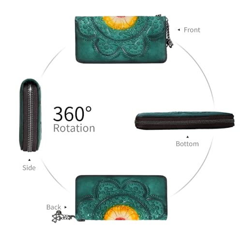 Image of Wallet Genuine Leather for Women - with RFID Blocking Card checkbook ID Slot Large Capacity Vintage style (sunflower blue)