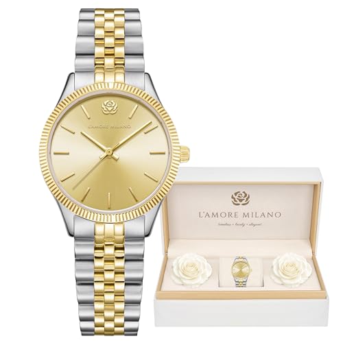 L'AMORE MILANO Damenuhr Weihnachten Frauen - Hochwertige Armbanduhr Damen in Rosenbox - Geschenke für Freundin, Mama - 32mm Damen Uhr Gold (Gold Silber)