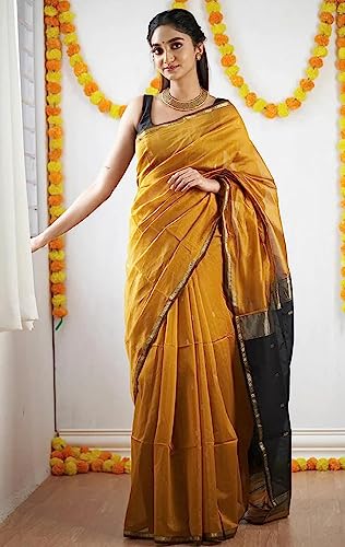 Image of SGF11 Women's Kanjivaram Soft Cotton Linen Silk Saree With Blouse Piece (Yellow Black)