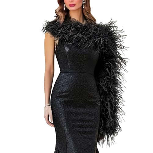LVCOMEFF Women Single Long Ostrich Feather Arm Warmer Fur Arm Sleeve For Party Luxurious Furry Fingerless Glove (black left shoulder)