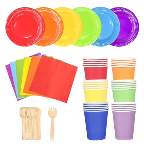 120 Pack Colorful Rainbow Party Tableware Set Paper Cups Multicolor Dinner Paper Plates Luncheon Cocktail Napkins Wooden Forks Disposable Party Supplies Pack for DIY Holiday Wedding Birthday