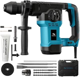 Tilswall SDS-Plus Rotary Hammer Drill 1500W, 4 Function and Adjustable Soft Grip Handle with Vibration Control, Concrete Drill Breaker Includes 3 Drill Bits,Point and Flat Chisel with Case