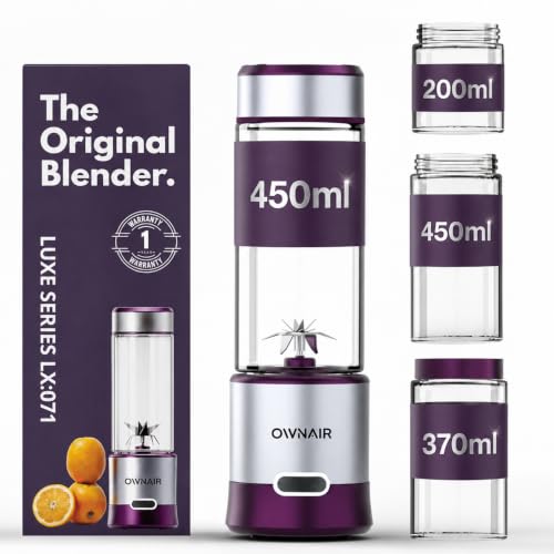 OWNAIR Portable Blender | 240W 5000mAh Rechargeable Blender For Smoothies And Juices |BPA free 450ml + 370ml & 200ml High Borosilicate Glass Jar Purple/Grey | Blend Fresh Smoothies Anywhere, Anytime
