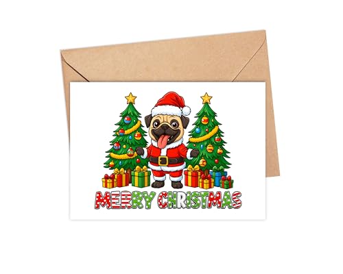 AdamLongStore Pug Christmas Card 2025 - Cute Dog In Santa Suit With Decorated Trees And Colorful Gifts - Holiday Greeting For Friends Family Festive Collectible
