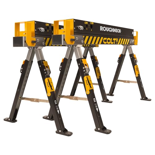 Roughneck COLT 600E Sawhorse Heavy Duty Steel Construction Weight-Baring Capacity 589kg each 1178kg Per Pair with Height Adjustable Legs for Woodworking & Construction 2 Pack