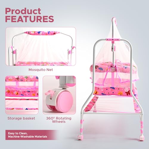 Image of BUBBLEBABY Baby Cradle | Jhula | Baggi | Palna | Ghodiyu | Ventilated | with Swing & Mosquito Net | 0-12 Months | Four Wheels with Brake | Storage | Polypropylene | Safe & Sturdy | Foldable | Pink