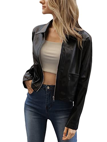 Makemechic Women's Faux Leather Jacket Long Sleeve Zip Front Cropped Motorcycle Jacket Coat Black C S #TOP10