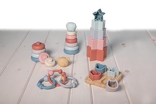 Image of Mary Meyer Baby and Toddler Toys Simply Silicone Sorting Puzzle with Bamboo Base for 12+ Months Old Preschool Gifts, 4 x 4-Inches, Animal, Star, Heart Shapes