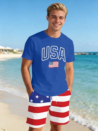 Image of Ithalt Patriotic Shirts for Men 4th of July Outfit 2 Piece Set Short Sleeve and Shorts American Flag 250th Anniversary