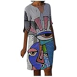 Fcostume Sommerkleid Damen Vintage Gedruckt Kurzarm V-Ausschnitt Buntes Kleid mit Tasche Freizeit Loose Strandkleid