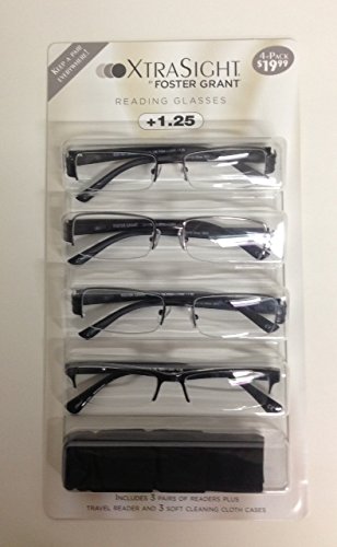 4 Foster Grant Ethan Reading Glasses +1.25 with 3 Soft Cleaning Cloth Cases