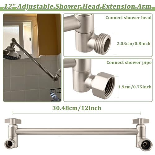 Rain Shower Head Extension 12 Inch Adjustable Rain Shower Head Extension Arm Stainless Steel Shower Head Holder G1/2 Universal Connector Compatible (Brushed Nickel)