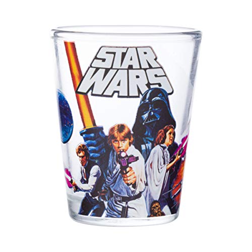 Image of Silver Buffalo Star Wars Original Trilogy: A New Hope, Empire Strikes Back, Return of the Jedi - 4 Pack Mini Glasses Featuring Yoda, Luke, Darth Vader, Han Solo, Chewbacca, Princess Leia, Ewok, 1.5oz