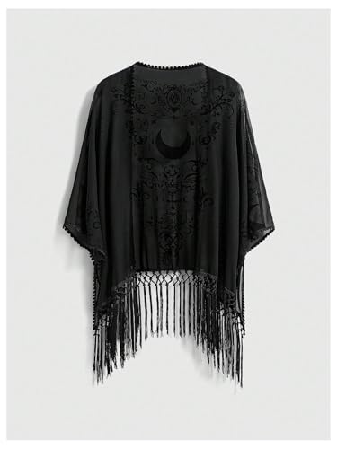 Women's Goth Graphic Open Front Kimonos Boho Hippie Fringe Sheer Mesh 3/4 Sleeve Beach Cover Up Cardigan2