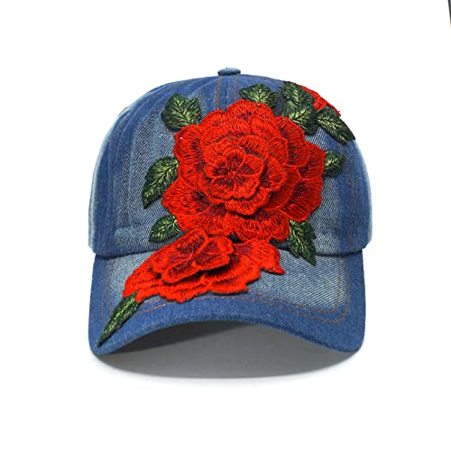 Denim Baseball Cap Women With Big Flowers Adjustable Embroidered Sun Hat Gift For Mom/Ladies (05) #TOP1
