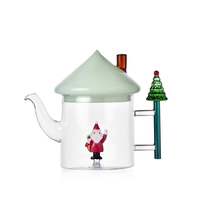 Ichendorf Milano Teekanne mit grünem Deckel, Weihnachtsmann, Kollektion Christmas Tales, 30 cl, Borosilikatglas, handgefertigt
