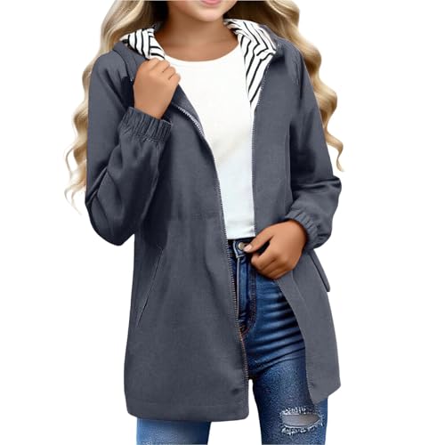 Image of Flodxo Girls Waterproof Jacket Hooded Plain Striped Lining Rain Coat with Zipper Pockets Lightweight Casual Windbreaker for School Coat,Walking Raincoat, Childrens Rain Jacket Dark Grey 15-16Y