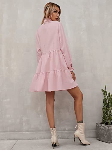 Floerns Women's Casual High Waist Notch Neck Long Sleeve Rufle Hem Smock Dress Pink S #TOP1