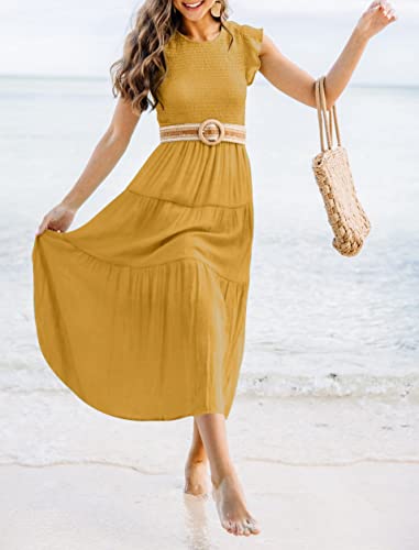 Merokeety Womens Summer Flutter Sleeve Smocked Solid Color Boho Beach A-Line Tiered Long Dresses,Ginger,M #TOP6
