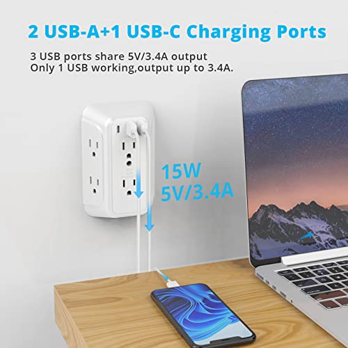 Usb Wall Charger, Surge Protector,6 Outlet Extender With 3 Charging Ports (1 C Outlet,3.4A) 900J Power Strip Multi Plug Outlets,Wall Mount For Home Travel Office Etl Listed #TOP2