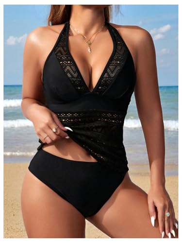 SHENHE Women's 2 Piece Hollow Out Halter Tankini Swimsuit Deep V Neck Mesh Bathing Suit3