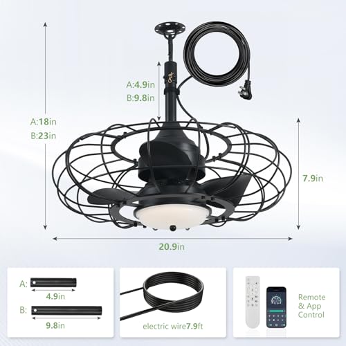 AHAWILL 20" Black Outdoor Ceiling Fan with Light and Remote/APP,3CCT 6 Speed Gazebo Fan Outdoor Hanging Hook,IP65 Waterproof Plug in Ceiling Fan for Patios, Garage, Porch, Pergola,Canopy by AHAWILL - Used condition - Image 2
