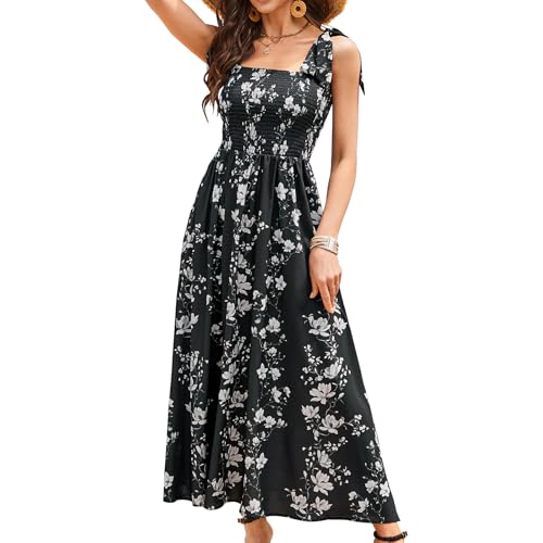 Image of BROVAVE Women Summer Floral Dress: Casual Square Neck Flowy Boho Beach Midi Sundress Sleeveless Tie Shoulder Vacation Daily