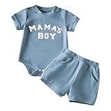 UUAISSO Ropa Verano Para Bebé Niño Conjunto Camiseta y Pantalones Cortos de Punto Gofre Bordados Para Mamás Azul Mamá Niño 0-3 meses