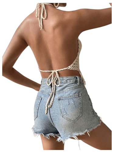 SOLY HUX Women's Crochet Tops Summer Sexy Knitted V Neck Sleeveless Camisole Halter Fringe Crop Top2