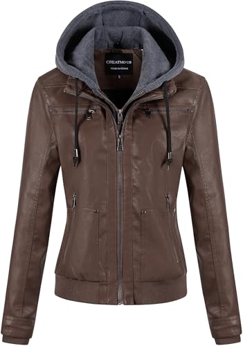 CREATMO US - CREATMO Women's Leather Bomber Jacket - Casual Fashion Motorcycle Coat with Removable Hood, Coffee L (11% Off Amazon Deal)