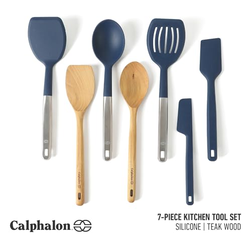 Image of Calphalon Prime 7-Piece Silicone and Teak Wood Kitchen Tool Set, Stainless Steel Kitchen Utensil Set, Kitchen Spoon And Spatula Set, Heat Resistant Non-Slip Kitchen Gadgets Set - Navy Blue