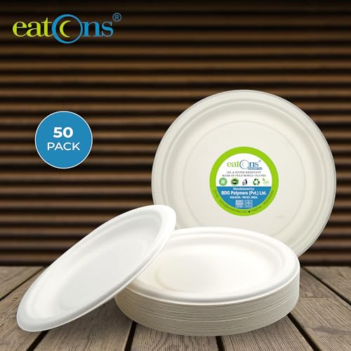 Image of EATONS Bagasse Disposable Plates [11 inch, 50 Pack] I Eco Friendly Biodegradable Compostable Sugarcane Paper Plates | Full Meal I Serve Snacks & Dinner I Birthday, Wedding, Party I Round I White