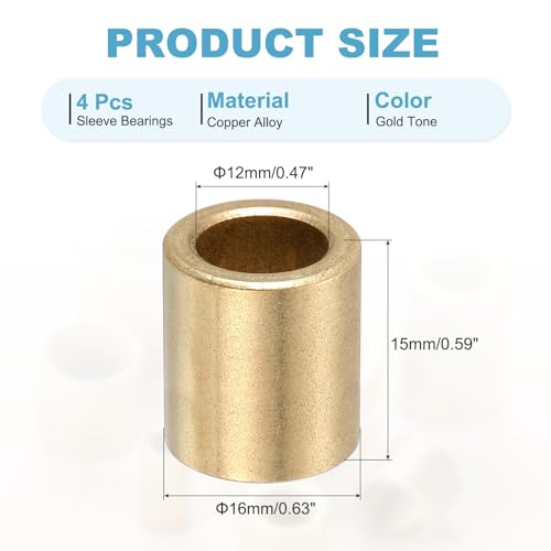 QUARKZMAN Gleitlager, 12mm Bohrung x 16mm Außendurchmesser x 15mm Länge Selbstschmierende Gussmessingbuchse für Gleitbewegungen Teile von Maschinen (Goldfarben, Packung mit 4)