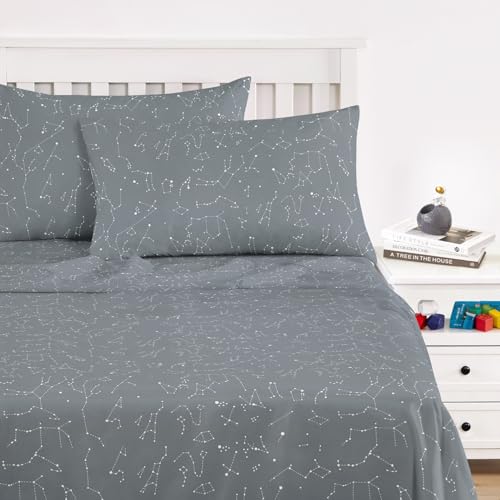 Wake In Cloud - Constellation Bed Sheets, 4-Piece Sheet Set, Celestial Space Witchy Star Galaxy Astrology Bedding, Deep Pocket, Grey, Full Size