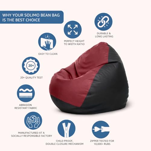 Image of Amazon Brand - Solimo Classic Bean Bag Cover 4XL Without Beans, Faux Leather Bean Bags Cover with Handle & Zipper, Bean Bag Cover for Living Room, 6 Months Warranty (Black & Tan)