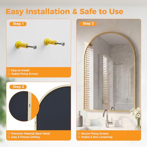 Image of NEWBULIG 26 inchx38 inch Wall Mirror, Bathroom Mirrors for Over Sink, Gold | Matte Metal Framed Vanity Mirror with Tempered Glass, Entryway, Living Room, Bedroom