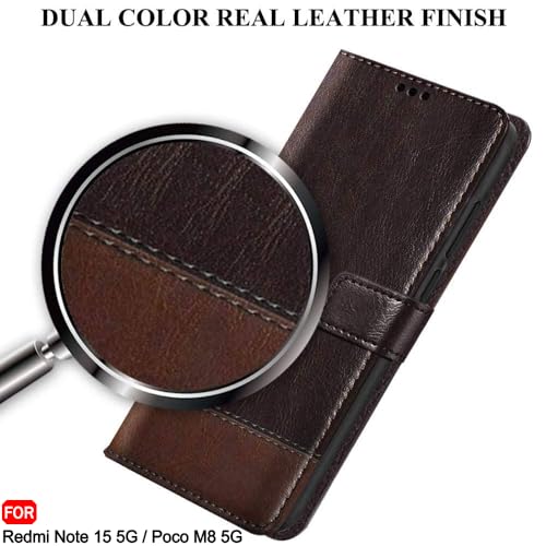 Image of TheGiftKart Flip Back Cover Case for Mi Redmi Note 15 / Note 15 SE /Poco M8 5G | Dual-Color Leather Finish | Inbuilt Stand & Pockets | Wallet Style Flip Back Case Cover (Faux Leather, Coffee & Brown)