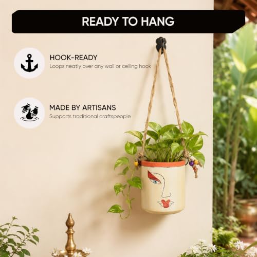 Image of AAKRITI ART CREATIONS Terracotta Hanging Planter | Handcrafted Artistic Face Design with Rope, Modern Art, White Matte Finish | Decorative Hanging Pot for Indoor & Outdoor Home Decor