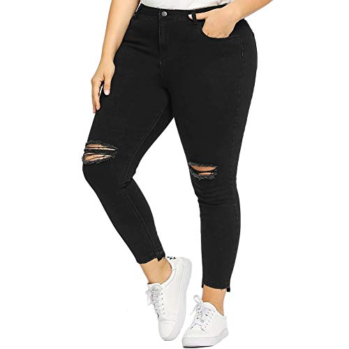 Allabreve Women's Plus Size Ripped Asymmetrical Hem Stretch Skinny Jeans, Black High Waisted Slim Fit Denim Jegging, Girlfriend Tight Jean Pants (Ripped Asymmetrical Hem Black, 2Xl) #TOP1