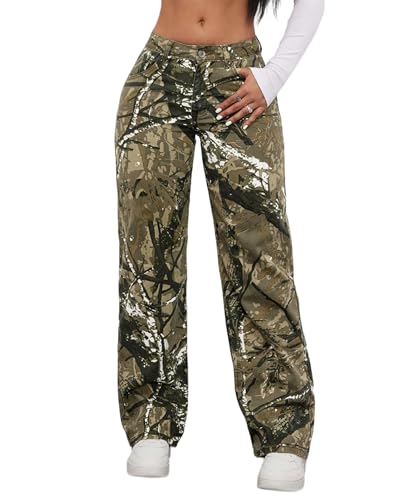 Women Camouflage Cargo Pants Low Waist Baggy Straight Wide Leg Trousers Jeans Slim Fit Pocket Sweatpants